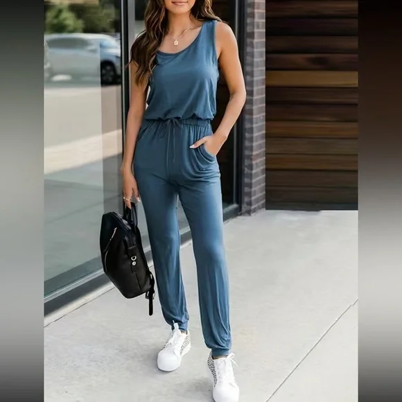 Boho sleeveless drawstring waist jumpsuit